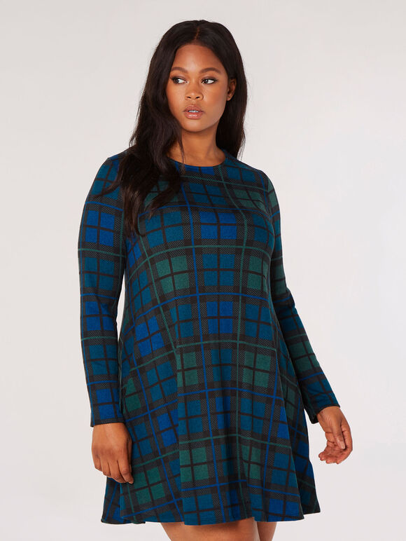 Curve Check Swing Mini Dress , Blue, large