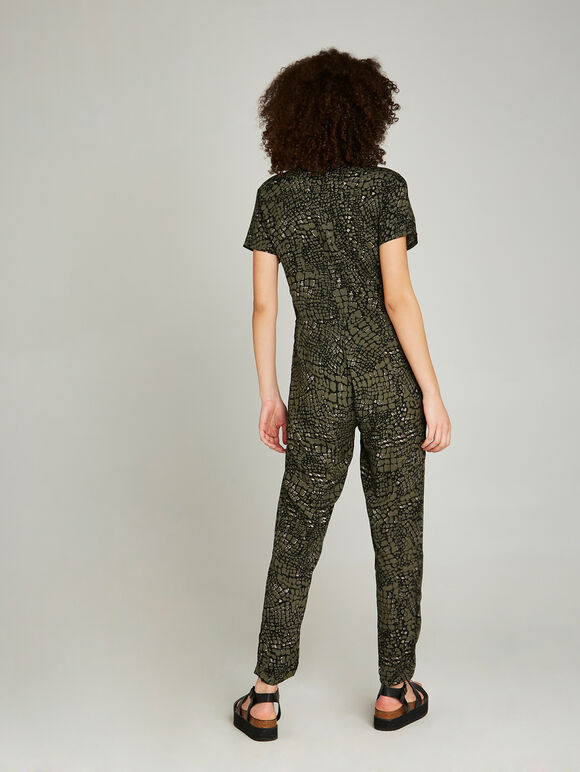 Khaki Animal Print Utility Jumpsuit, Khaki, large