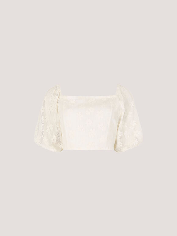 Daisy Mesh Cropped Top, Cream, large