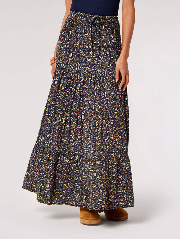 Floral Smock Maxi Skirt, Navy, large