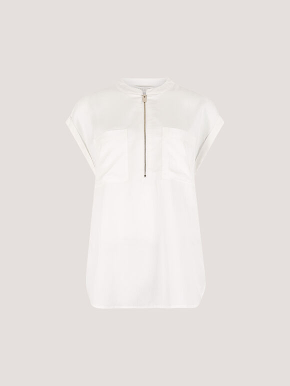 Zip Front Patch Pocket Top, Cream, large