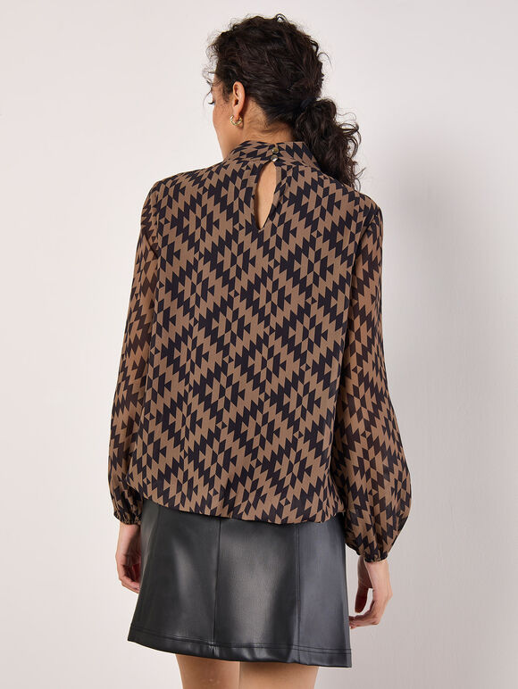 Geo Diamond Chiffon Blouse, Brown, large