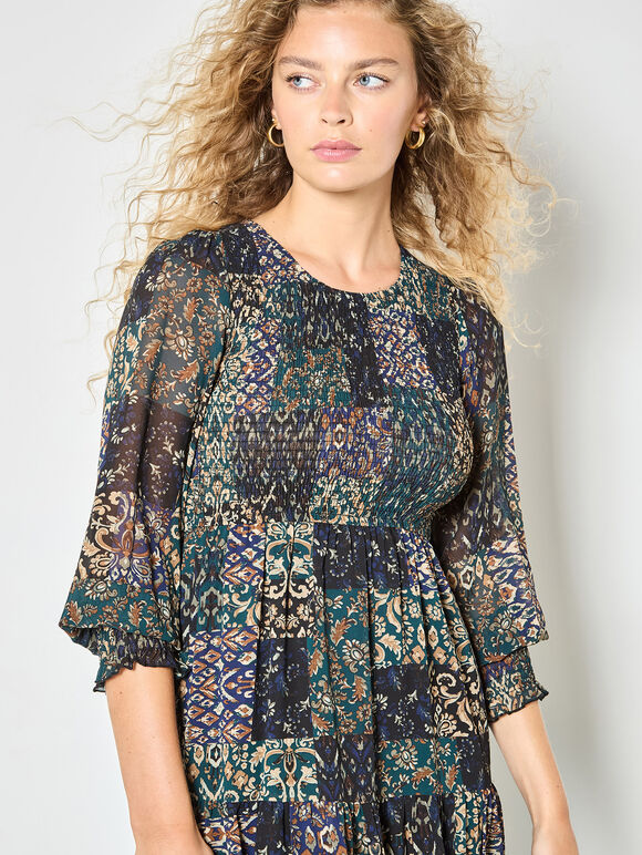 Ikat Patchwork Smocked Chiffon Midi Dress, Green, large