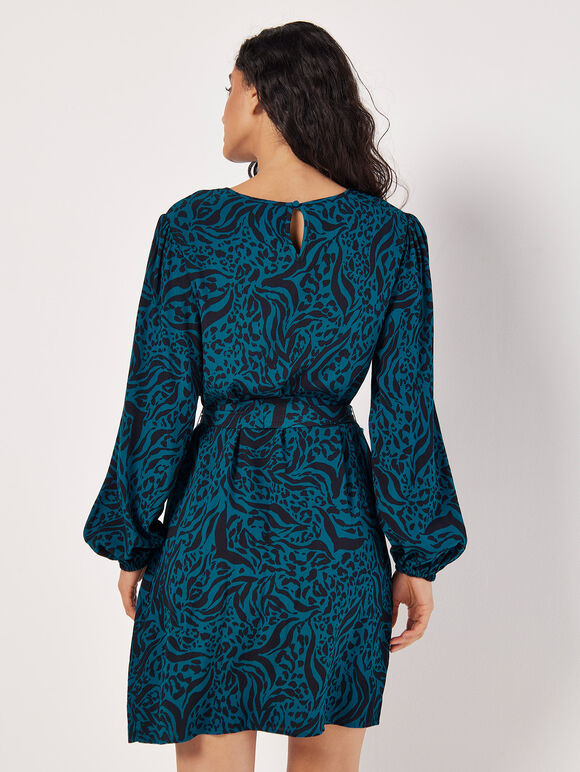 Mixed Animal Print Shift Mini Dress, Teal, large
