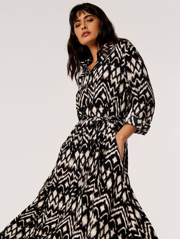 Ikat Shirt Midi Dress, Black, large