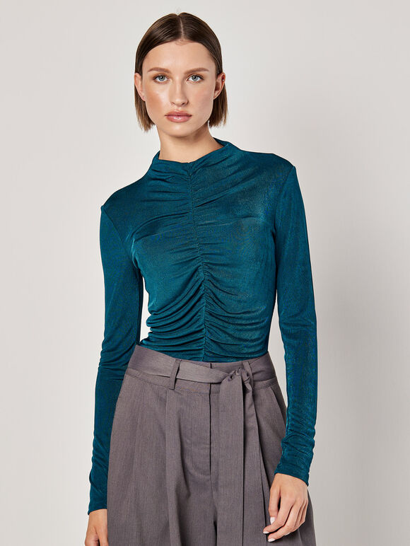 Ruched Stretch Top, Teal, large