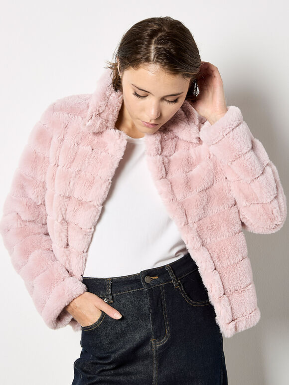 Faux Fur Panel Short Jacket, Pink, large