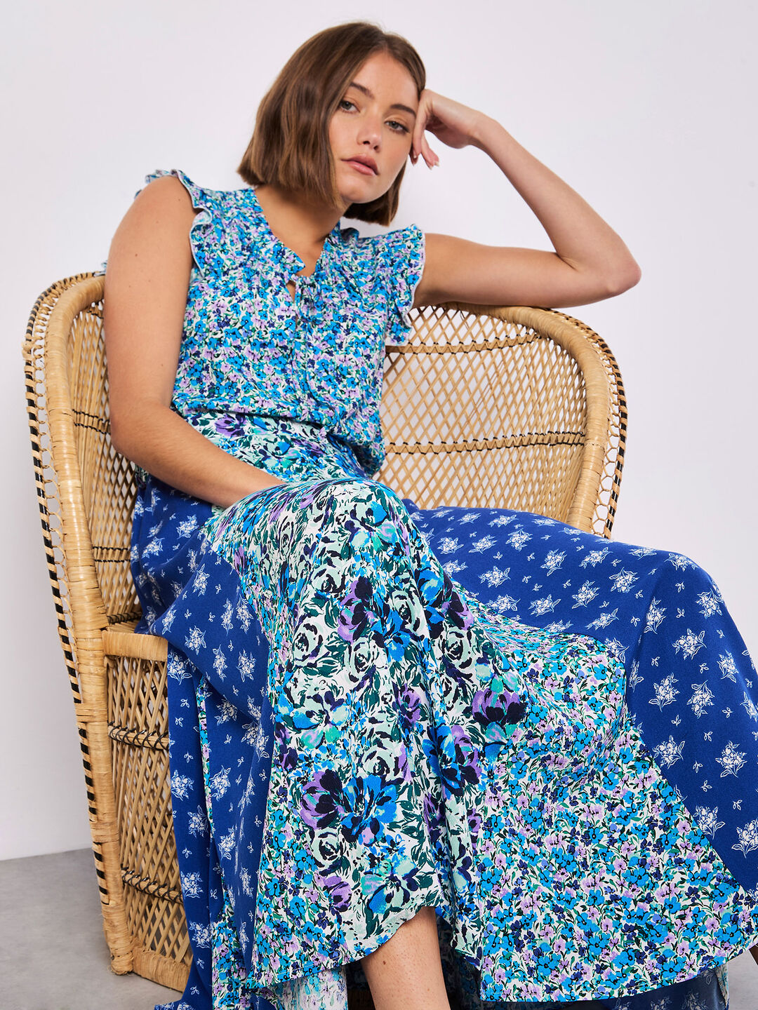 Floral Patchwork Print Midi Skirt