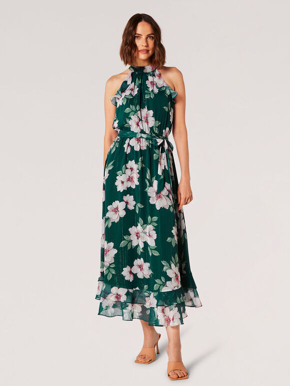 Painterly Floral Shimmer Midi Dress, Green, large