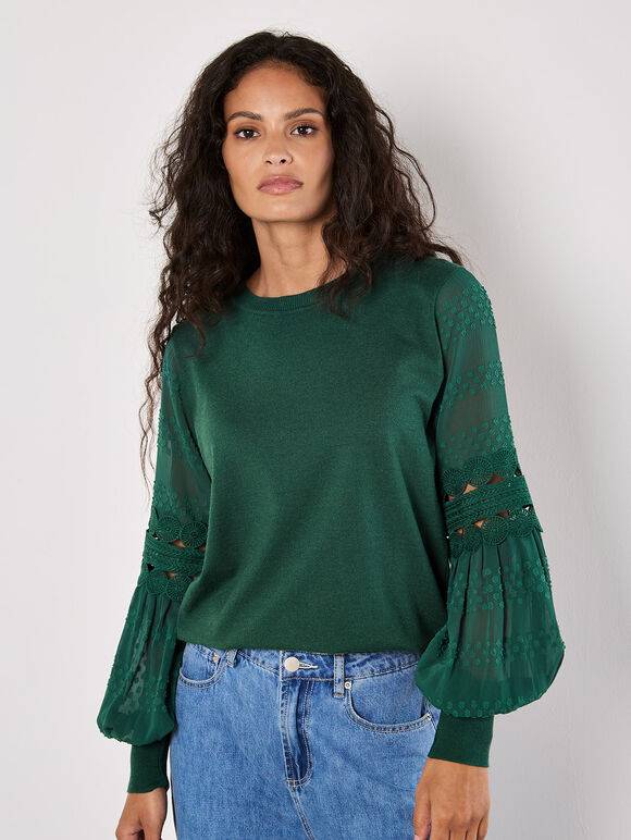 Contrast Chiffon Sleeves Jumper, Green, large