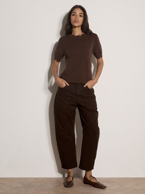 Scallop Knitted T-Shirt, Brown, large
