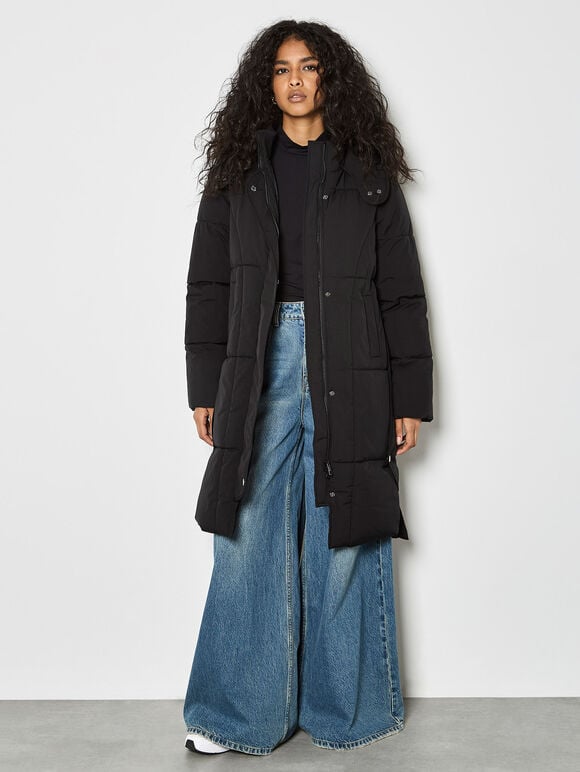 Longline Padded Puffer Coat, Black, large