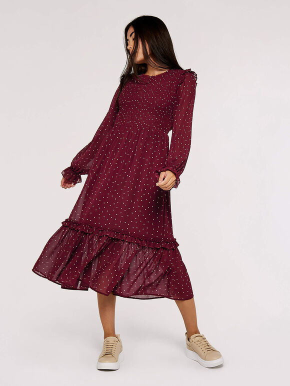 Polka Dot Smocked Midi Dress, Burgundy, large