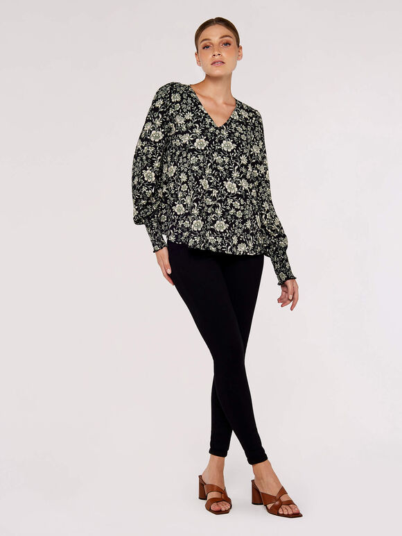 Floral Button Down Top, Black, large