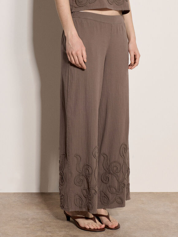 Embroidered Cotton Wide-Leg Trousers, Stone, large