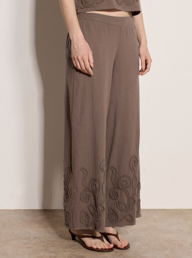 Embroidered Cotton Wide-Leg Trousers, Stone, large