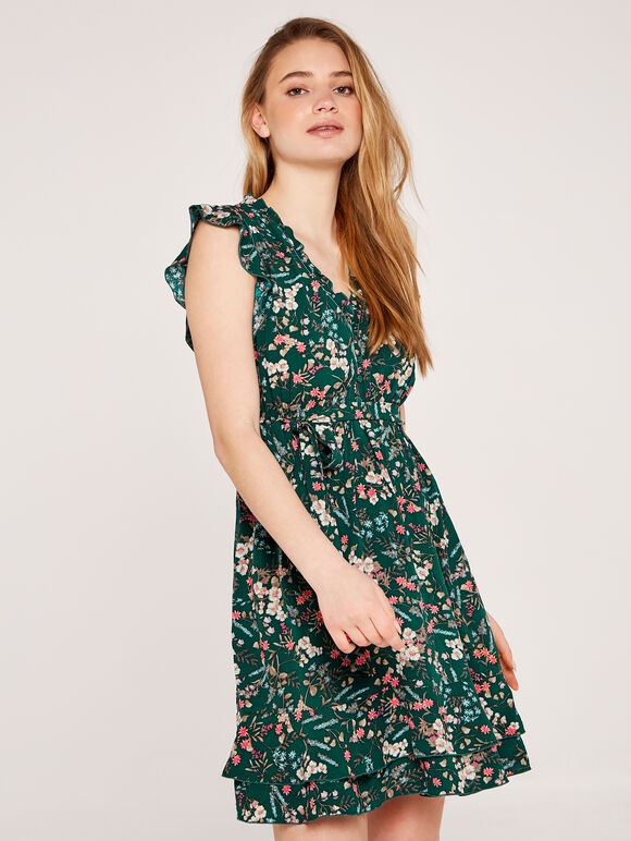 Kleid mit botanischen Ditsy-Rüschen, Grün, Größe L