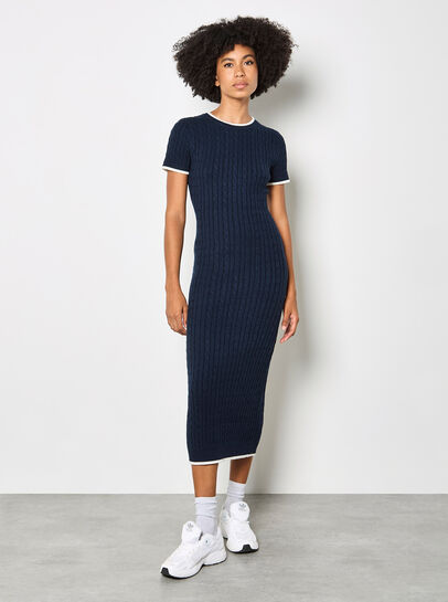 Cable Knit Contrast Trim Midi Dress