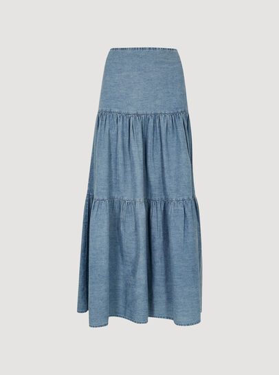 Cotton Denim Tiered Midi Skirt