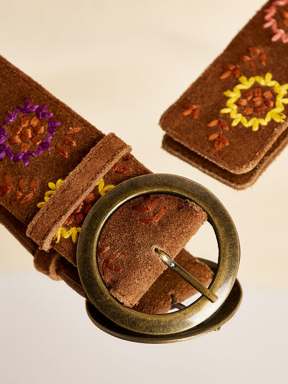 Tan Floral Embroidered Belt, Brown, large