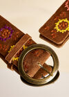 Tan Floral Embroidered Belt, Brown, large