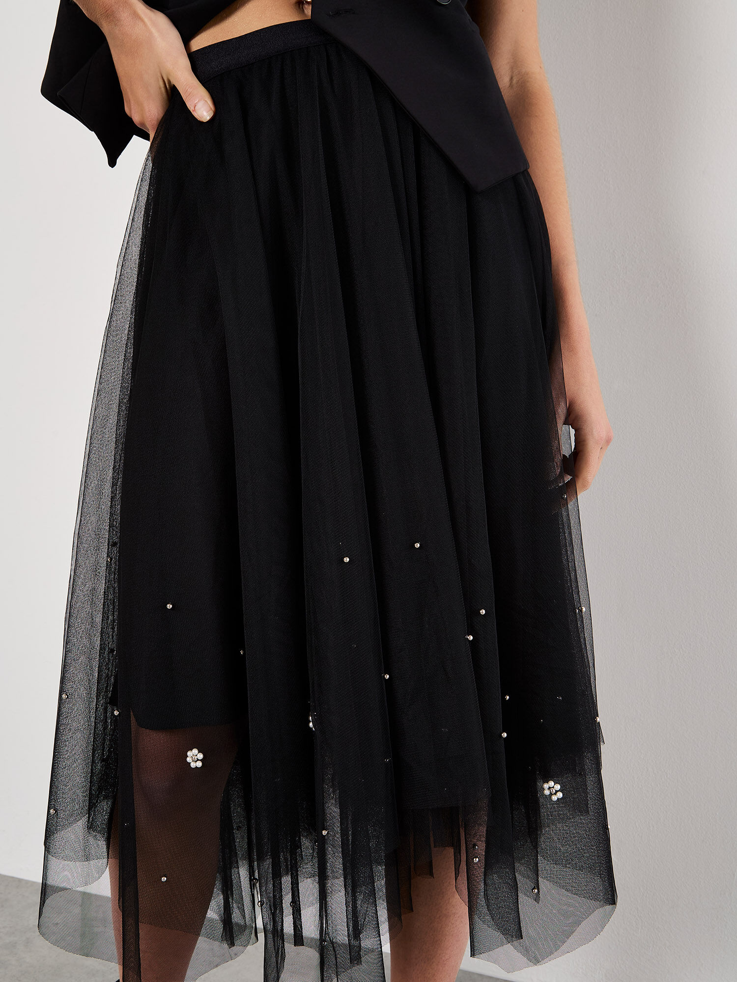Pearl Embellished Tulle Midi Skirt Apricot Clothing