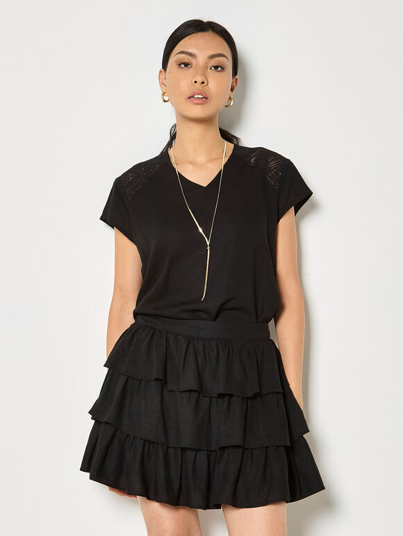 Linen Blend Ruffle Tiered Mini Skirt, Black, large