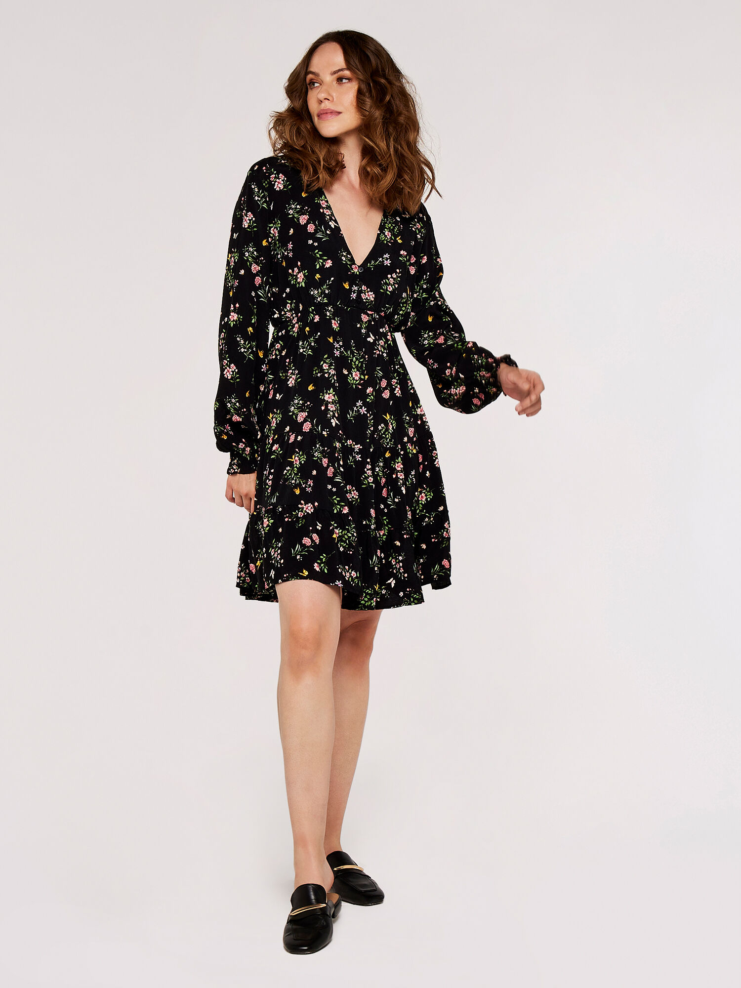 Floral Tiered Dress Apricot Clothing