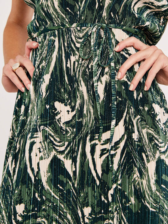 Marble Print Plisse Dress, Green, large