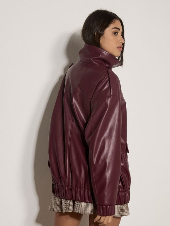 Oversized Faux Leather Jacket, Plum, large