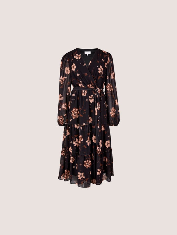Chiffon Floral Tiered Midi Dress, Black, large