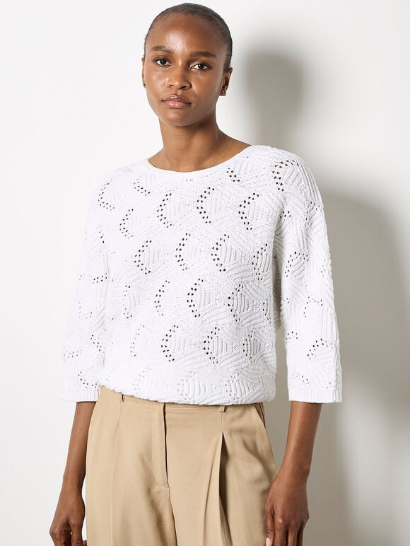 Textured Pointelle Batwing Jumper, White, large