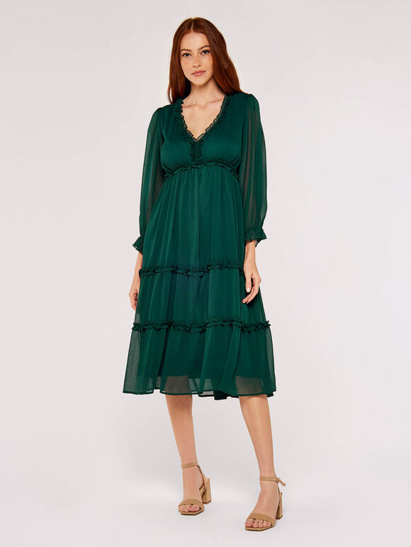 Crinkle Ruffle Midi Dress, Green, large