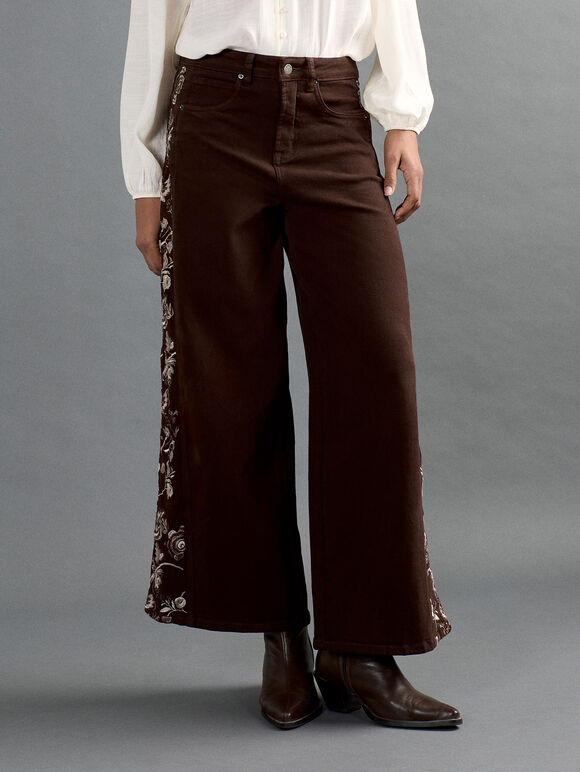 Floral Embroidered Wide-Leg Jeans, Brown, large