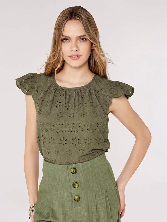 Broderie Anglaise Top, Khaki, large