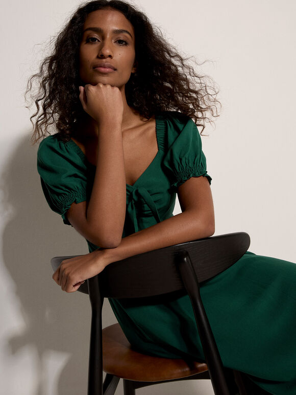 Tie Detail Milkmaid Midaxi Dress, Green, large