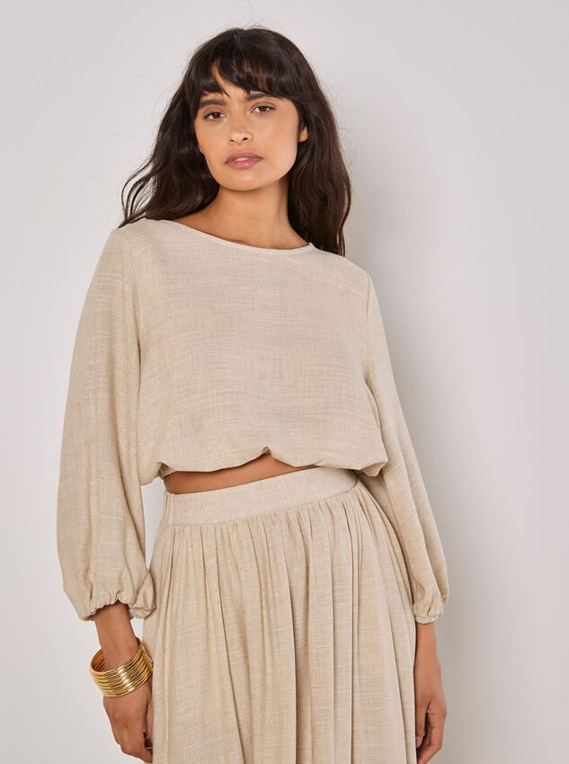 Linen Blend Bubble Hem Crop Top, Stone, large