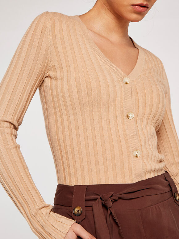 Ribbed Button Down Cardigan, Stone, large