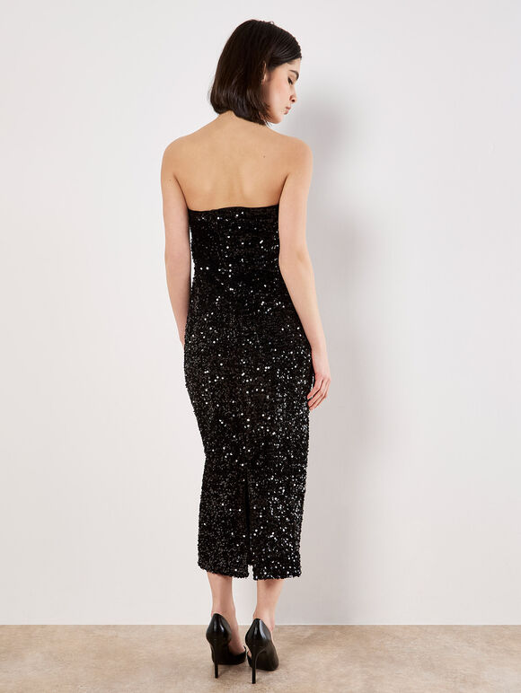 Sequin Bandeau Velvet Bodycon Midi Dress, Black, large