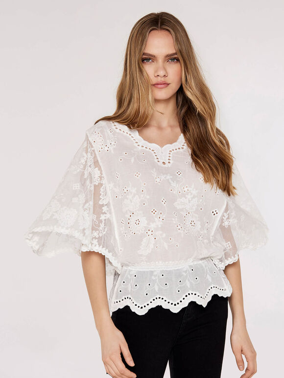 Floral Broderie Batwing Top, White, large