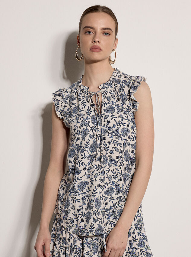 Painterly Paisley Ruffle Top, Cream, large