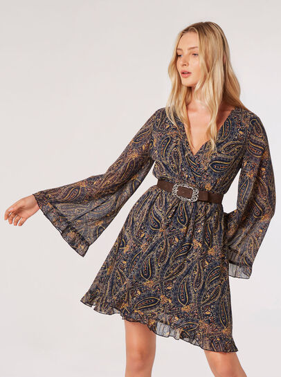 Paisley Bell Sleeve Wrap Mini Dress