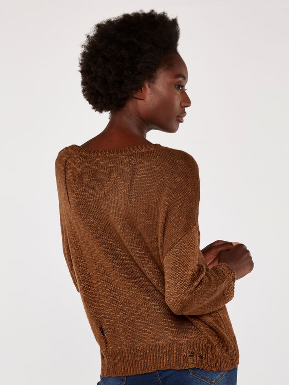 Distressed Slub Knit Jumper, Rust, large