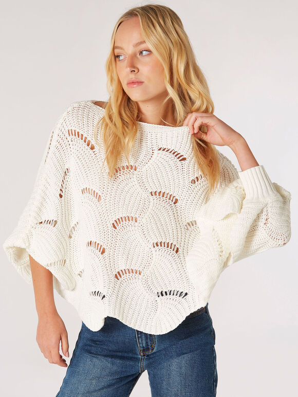Swirl Knit Poncho Jumper, Cream, large