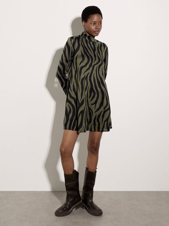 Zebra Print Swing Mini Dress, Khaki, large