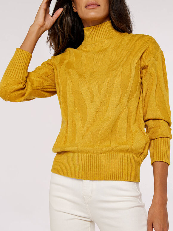 Jacquard Mock Neck Jumper, Mustard, large