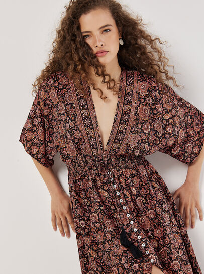 Foil Floral Paisley Satin Maxi Dress