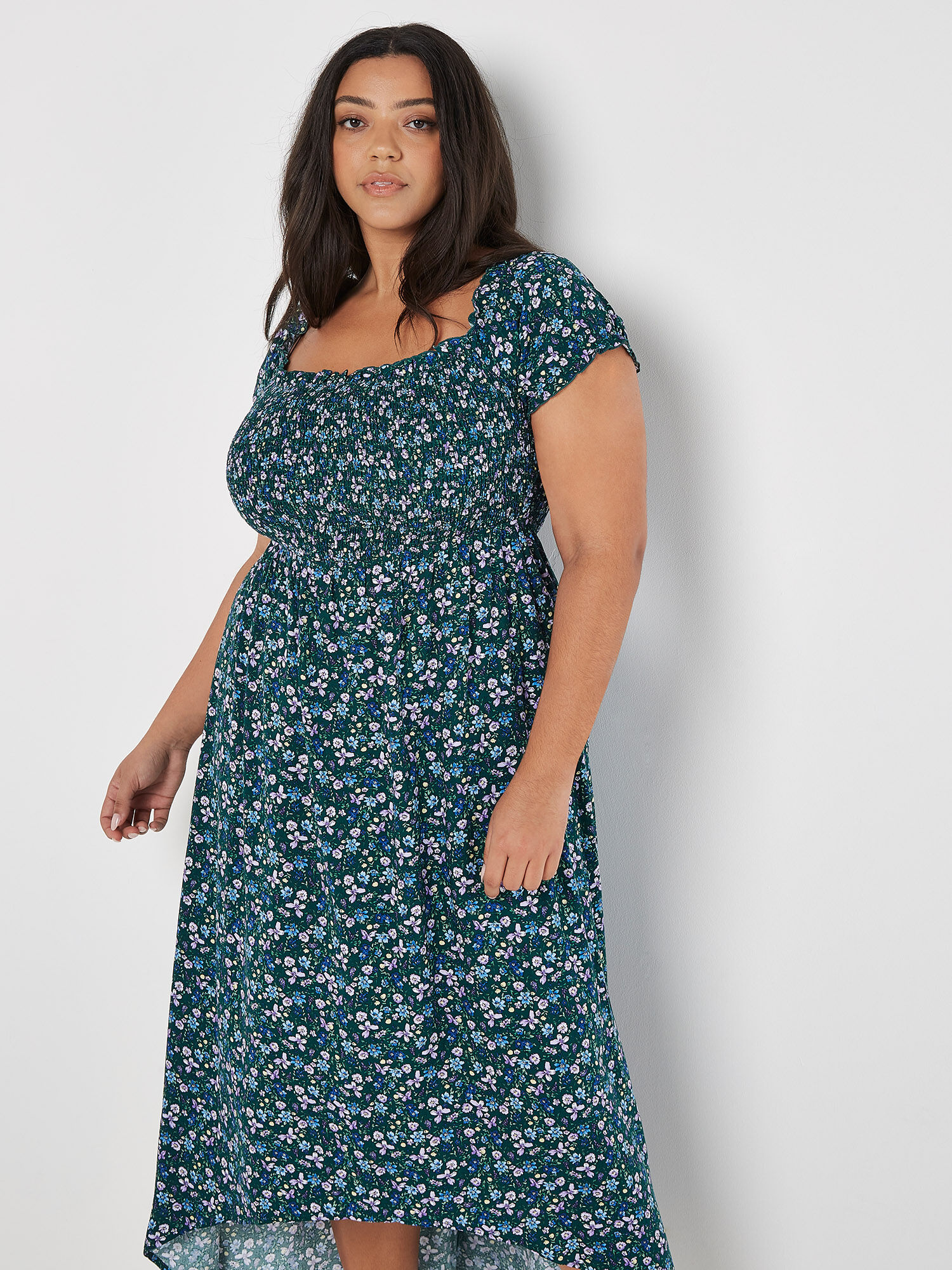 Robe Mi Longue A Imprime Fleuri Style Bardot Curve Vetements Apricot
