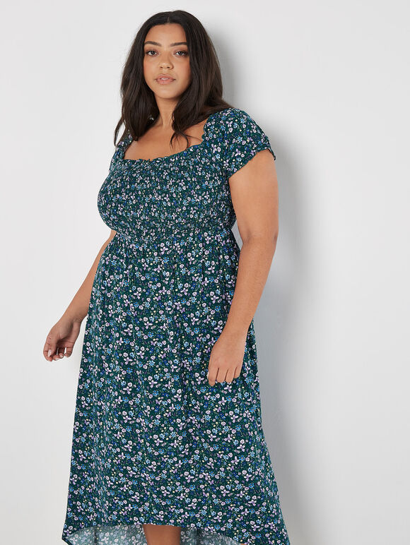 Curve Ditsy Floral Bardot Midi Dress, Green, large