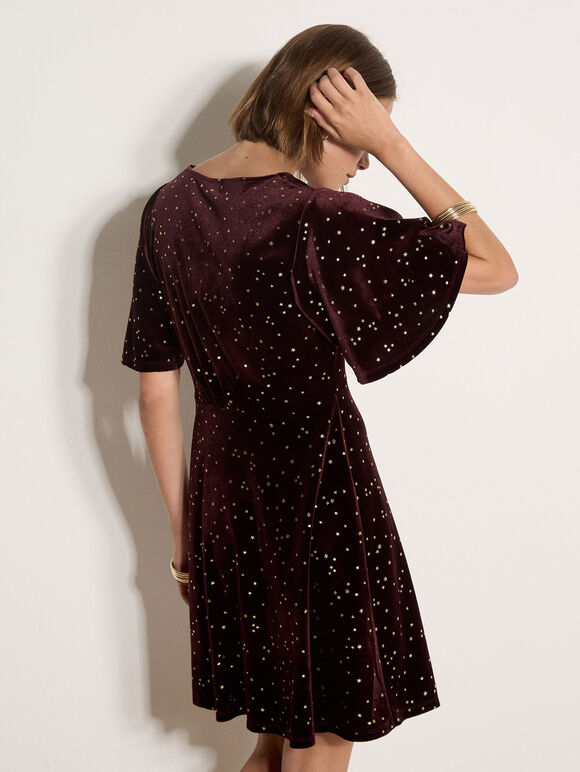 Silver Foil Star Velvet Mini Dress, Burgundy, large